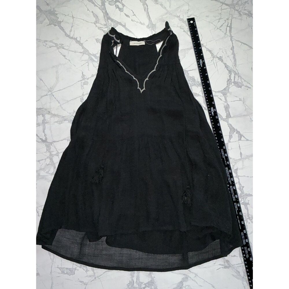 Black Boho Gauze Tiered Mini Dress Embroidered Neckline Tassel Tie Sleeveless